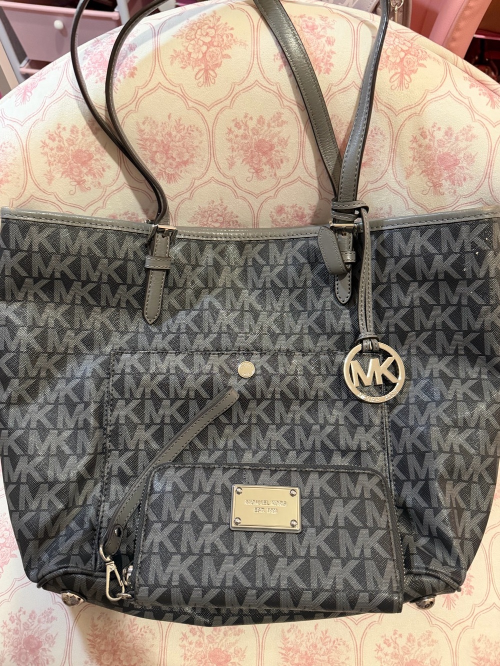 Michael Kors Gray MK Monogram Tote with Logo Charm
